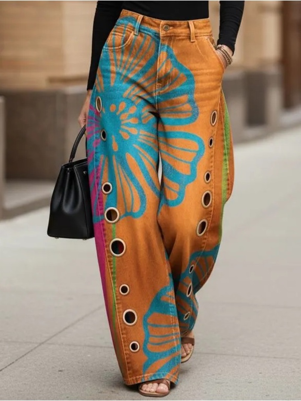 Boho Wide-Leg Floral Eyelet Pants in Orange and Turquoise